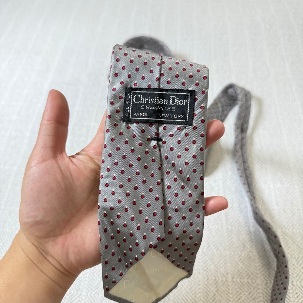 Christian Dior Cravates Silk Tie Grey Red White Polka Dot Mens Vintage Accessory